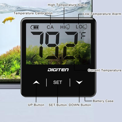Digital thermometer for aquariums with labeled features and an aquarium background.