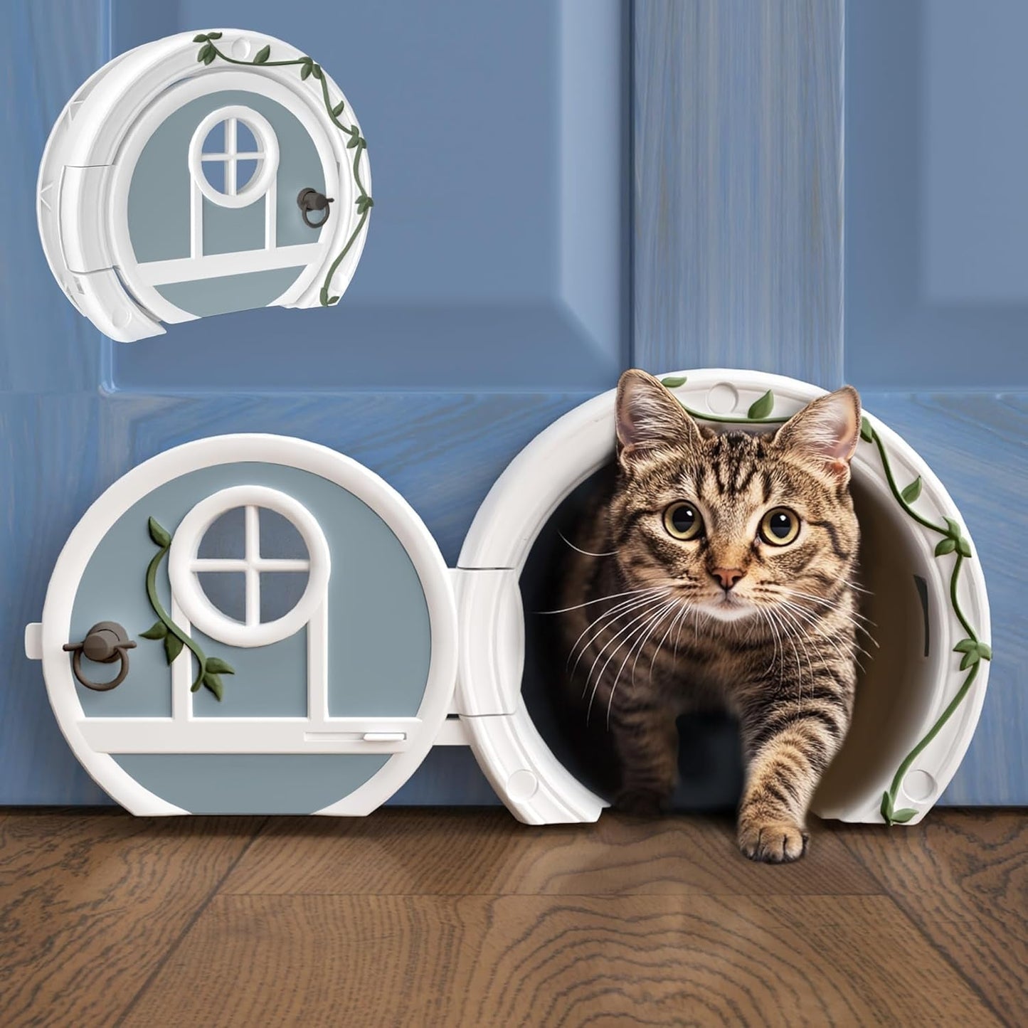 Cat peeking out from a decorative pet door on a blue door.