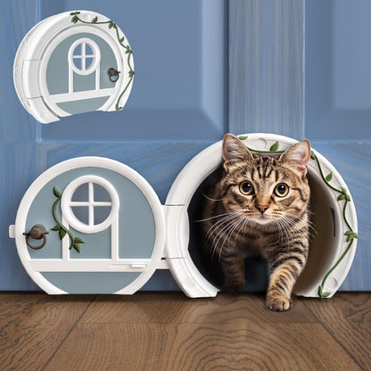 Cat peeking out from a decorative pet door on a blue door.