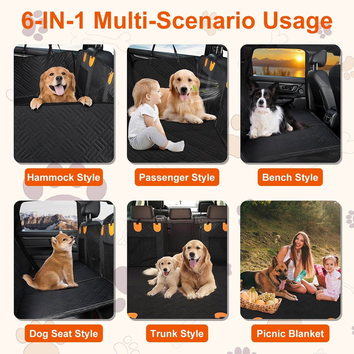 6-IN-1 Multi-Scenario Usage of a car seat cover with various applications including hammock, passenger, bench, dog seat, trunk, and picnic blanket styles.