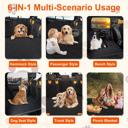 6-IN-1 Multi-Scenario Usage of a car seat cover with various applications including hammock, passenger, bench, dog seat, trunk, and picnic blanket styles.