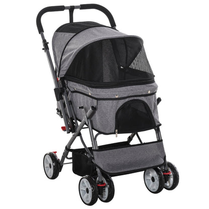 Gray pet stroller with a black mesh cover on a white background