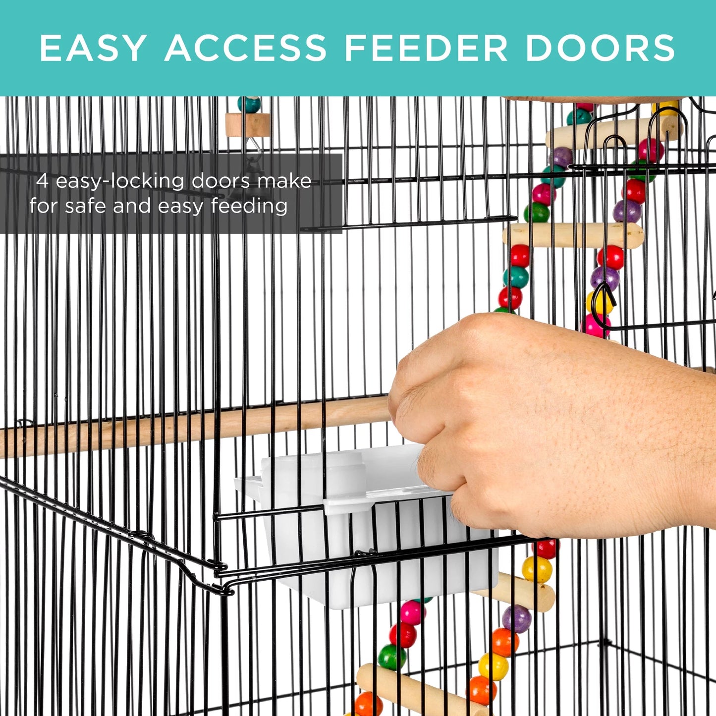 Bird cage with easy-access feeder doors and colorful toys, hand opening a door.