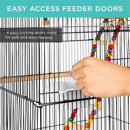 Bird cage with easy-access feeder doors and colorful toys, hand opening a door.