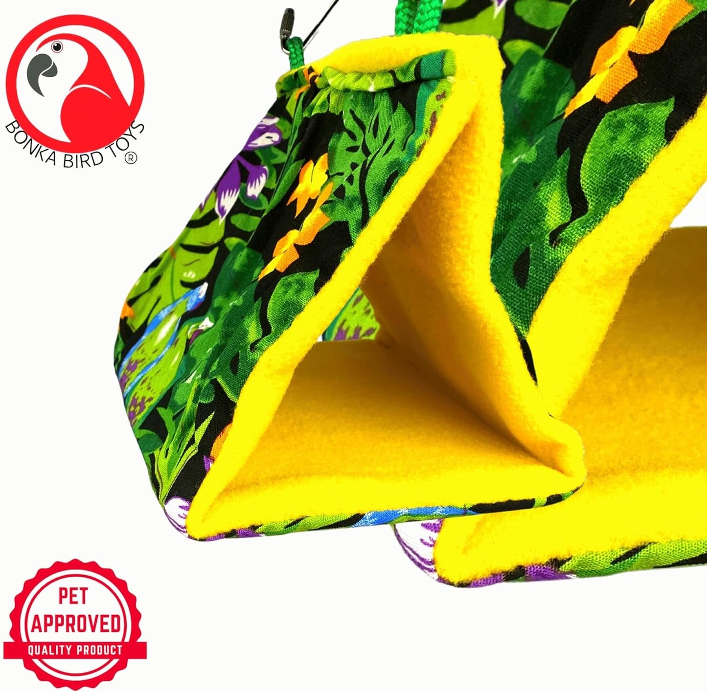 Colorful bird toy with leaf pattern and yellow interior, featuring Bonka Bird Toys logo.