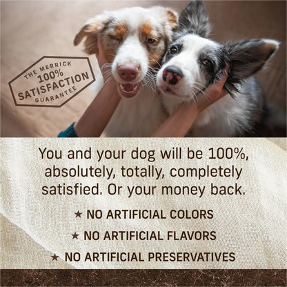 Two dogs hugging with a text overlay about product satisfaction guarantee and natural ingredients.