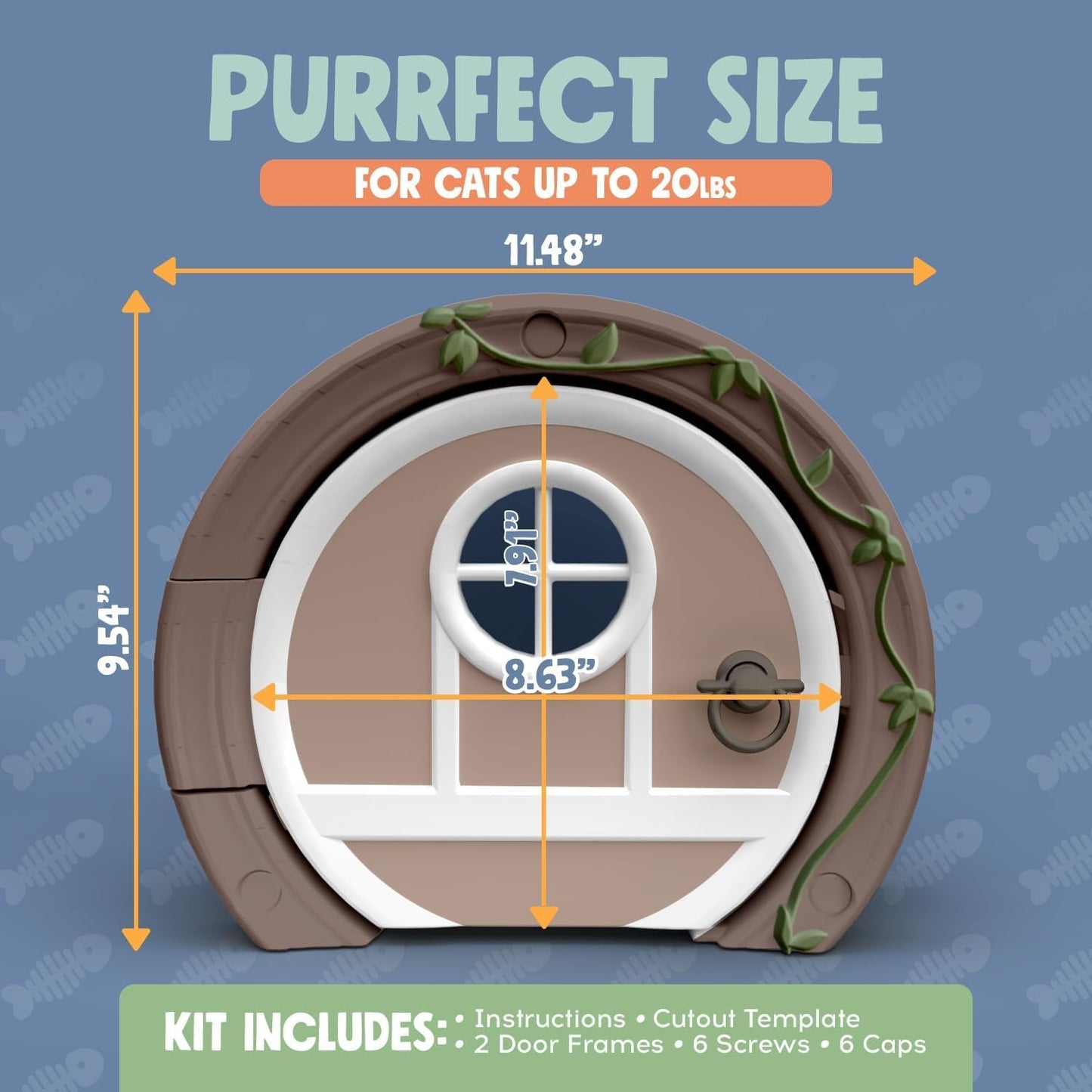Measurement chart for a cat door with dimensions and product details on a blue background.