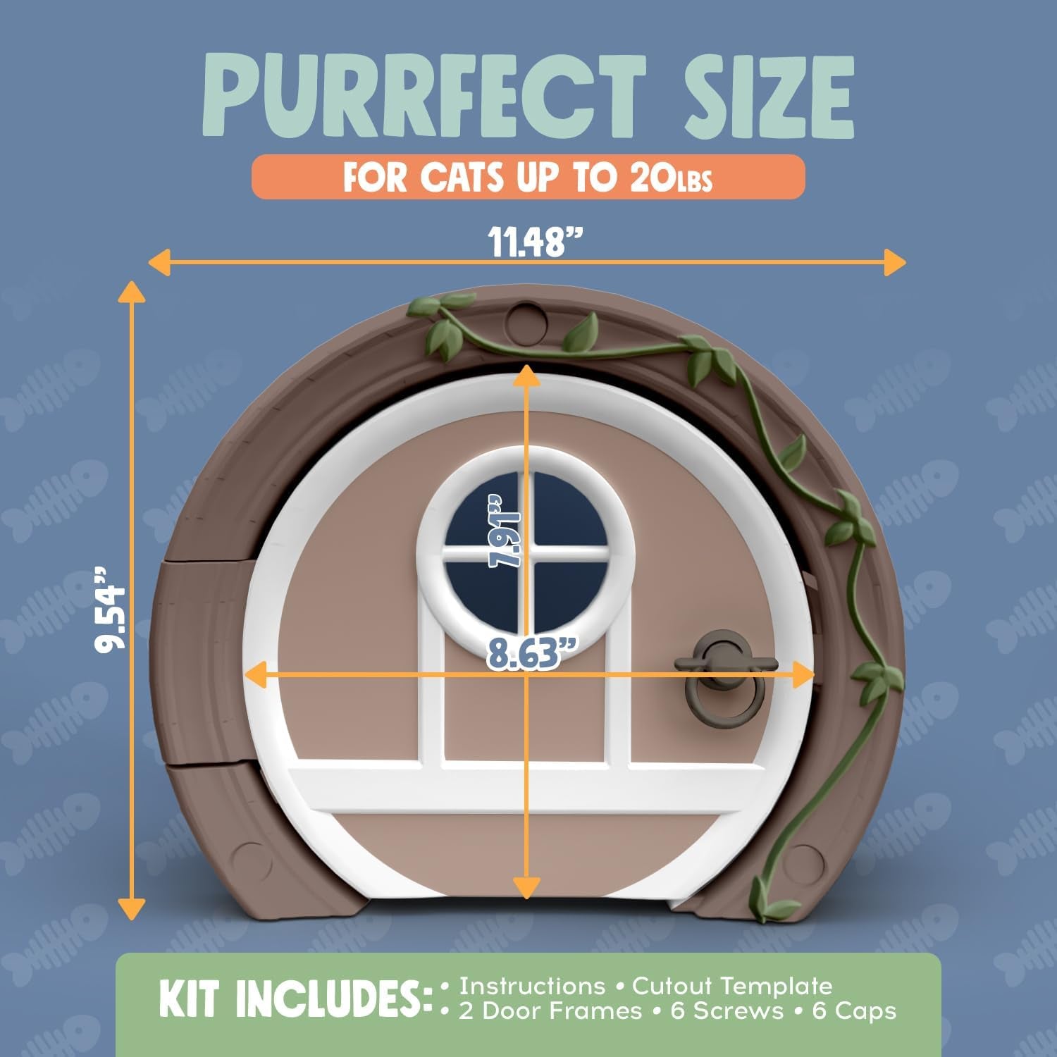 Measurement chart for a cat door with dimensions and product details on a blue background.