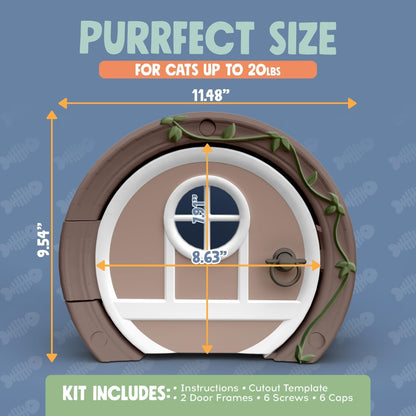 Measurement chart for a cat door with dimensions and product details on a blue background.