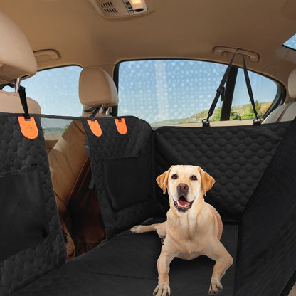 Dog sitting on a black car seat cover in a vehicle with a scenic background