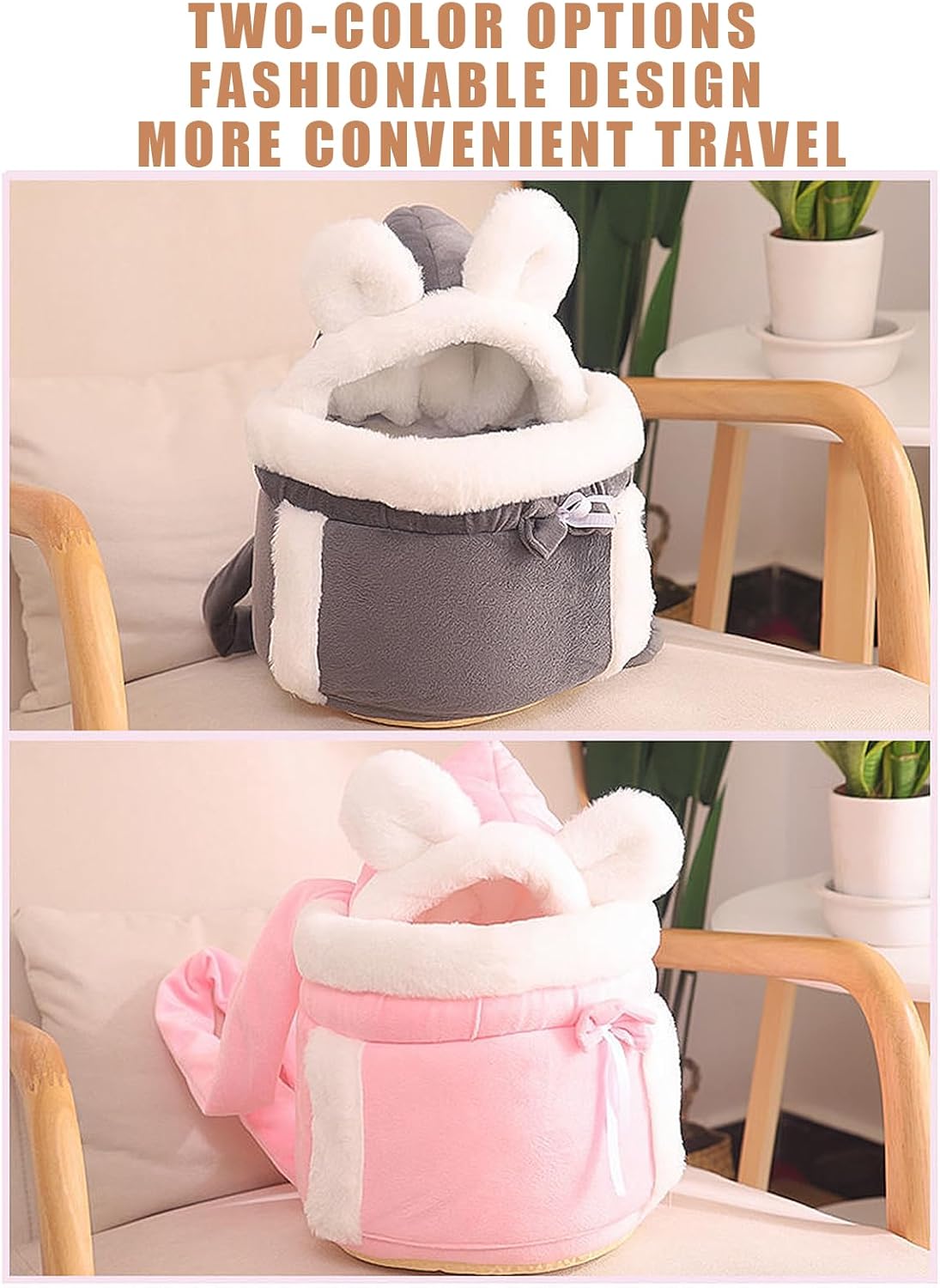 Two plush bags, one gray and one pink, with white accents on a chair.