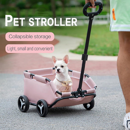 Pet stroller with a dog inside, on a pavement with grass and trees in the background.