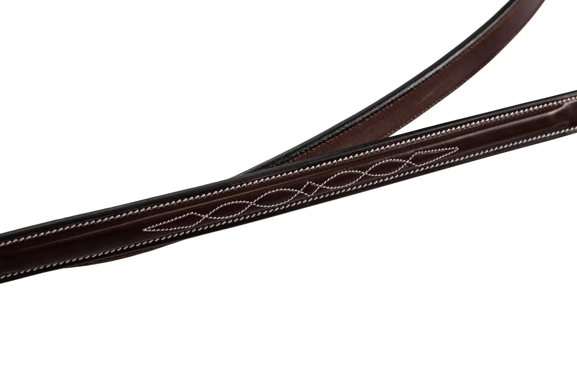 Brown leather rein with intricate white stitching on a white background