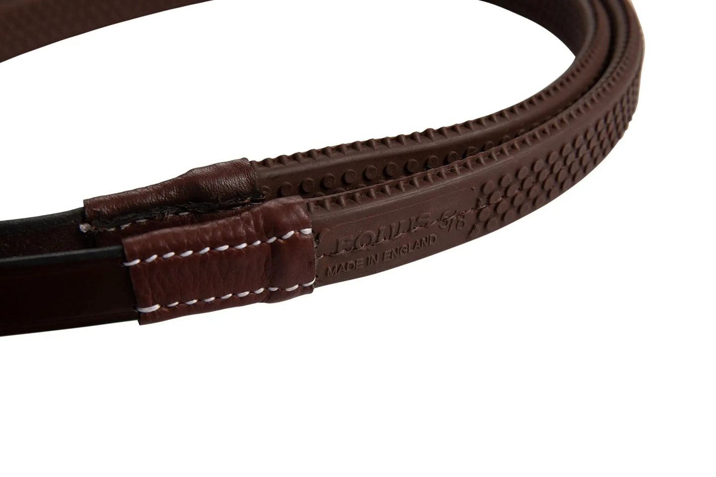 Close-up of a brown leather belt with stitching detail on a white background