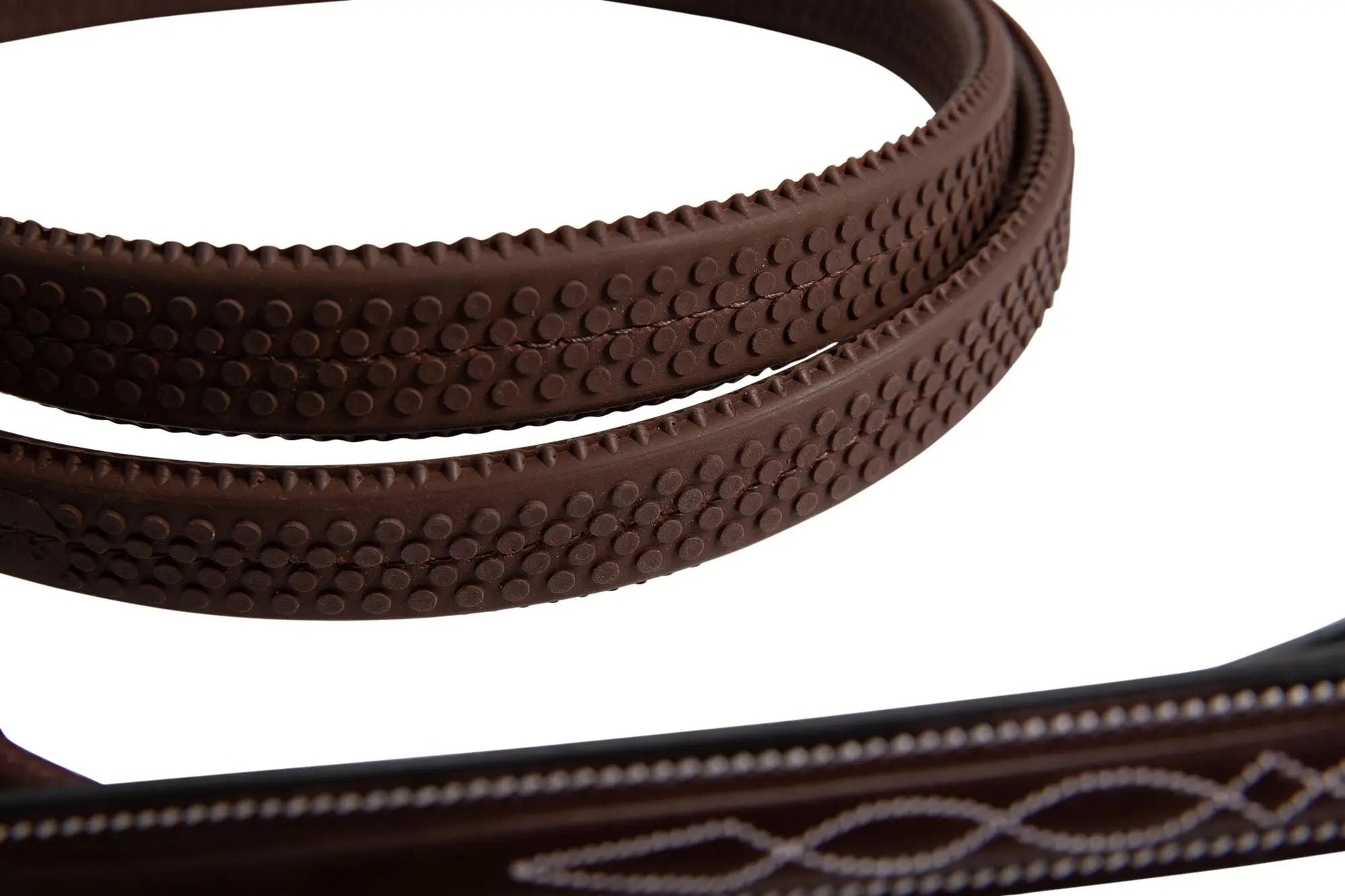 Close-up of brown leather straps with textured surface and decorative pattern on a white background
