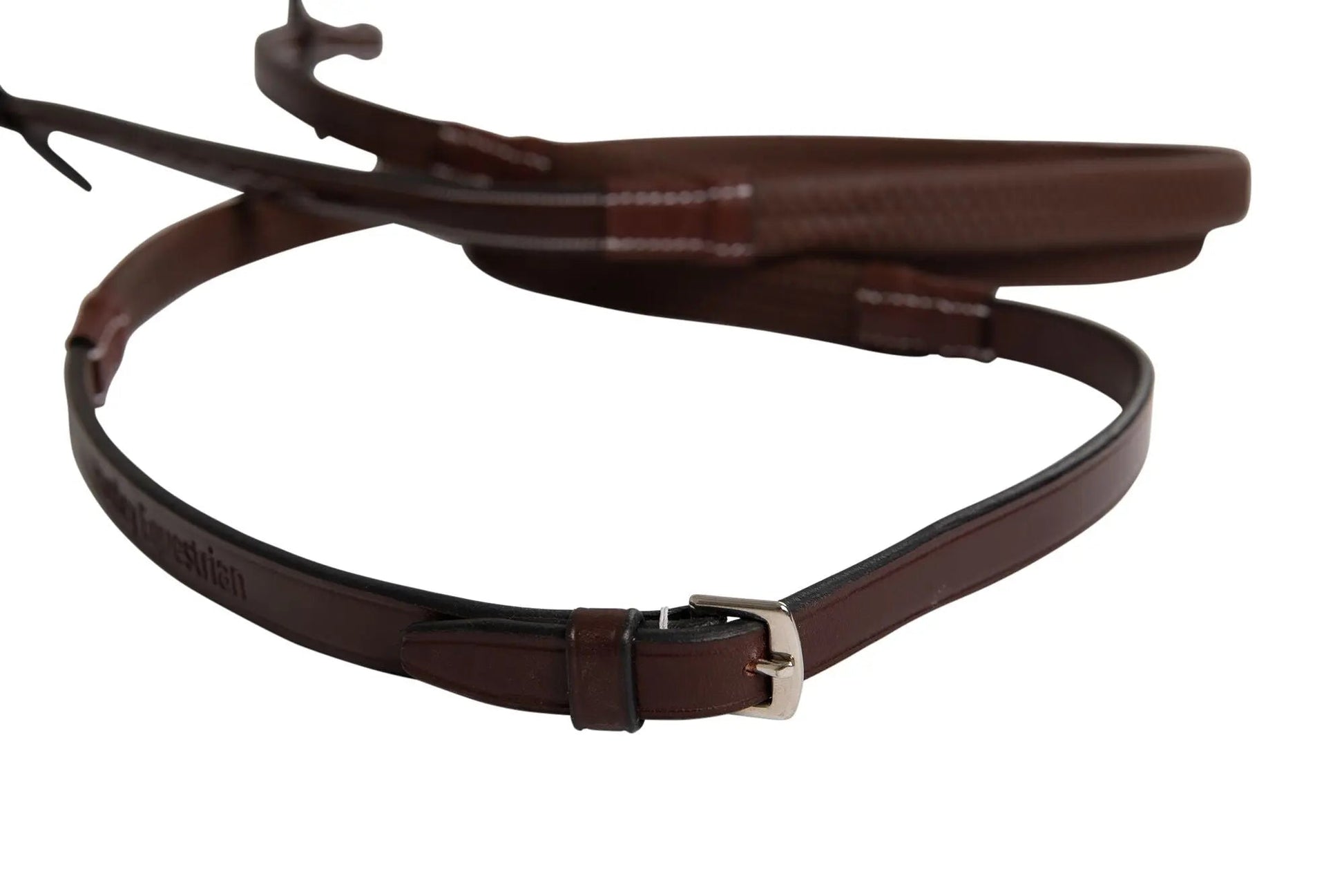 Brown leather belt with a silver buckle on a white background