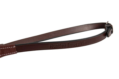 Brown leather bridle strap with 'Hunter Equestrian' branding on a white background