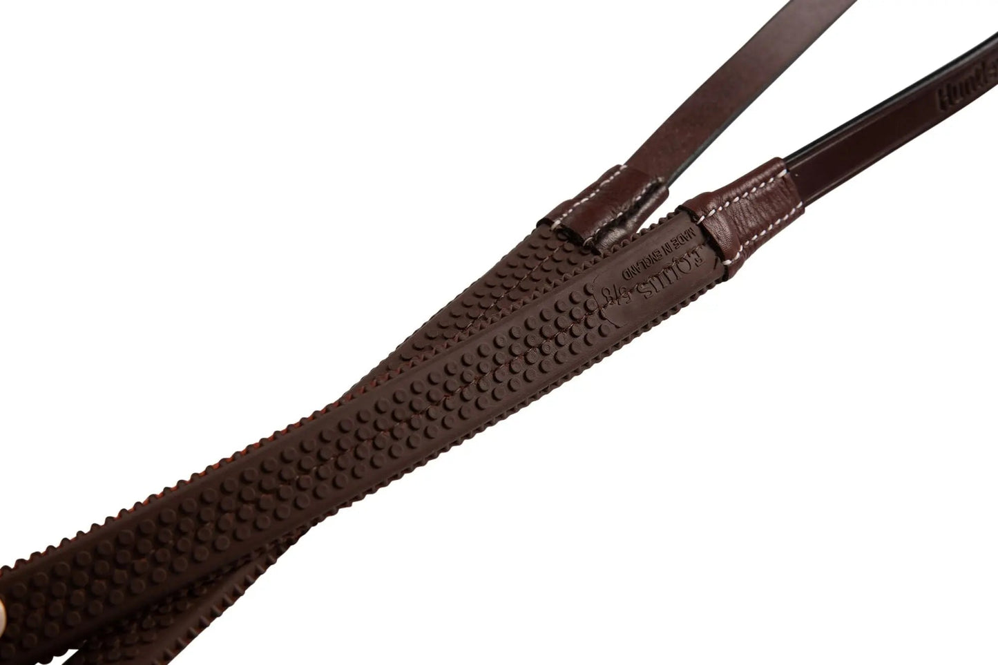 Close-up of a brown leather strap with a zipper on a white background