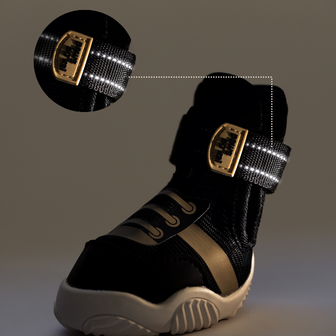 Black high-top sneaker with gold accents on a gray background