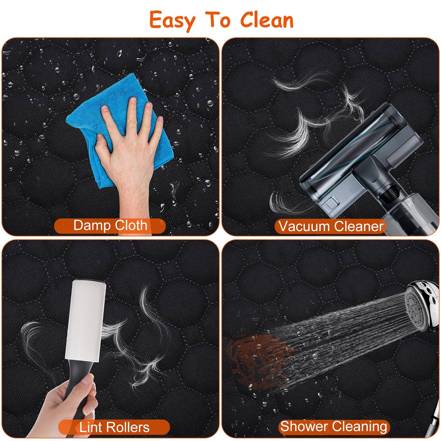 Demonstration of cleaning a surface with a damp cloth, vacuum cleaner, lint rollers, and shower cleaning.