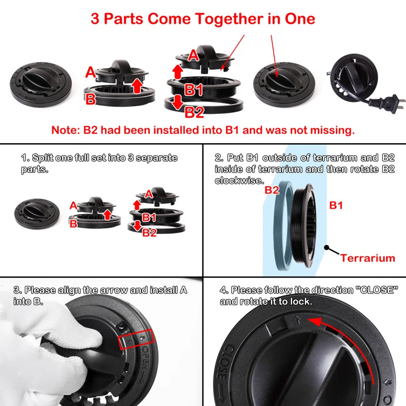 Instructions for assembling three parts into a terrarium lid system.