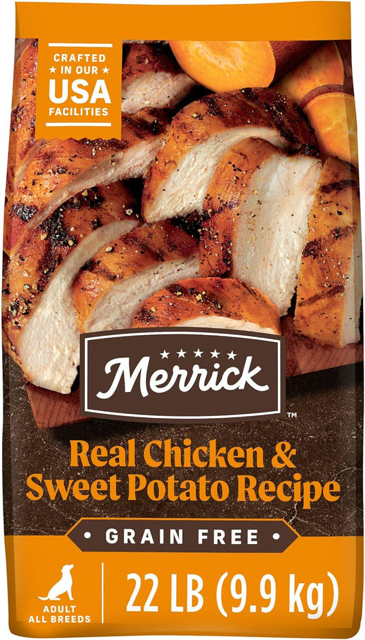 Merrick dog food package with chicken and sweet potato on an orange background