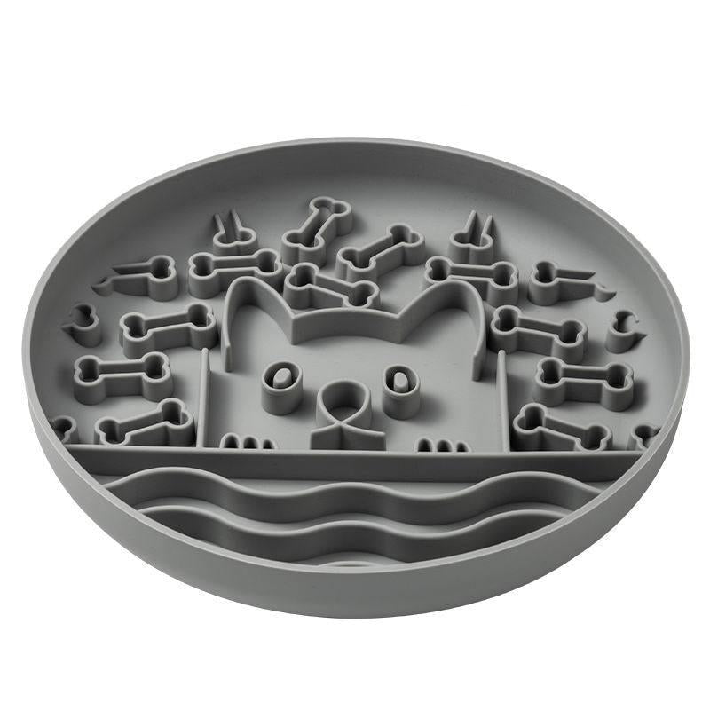 Gray puzzle toy for pets with bone-shaped pieces on a white background