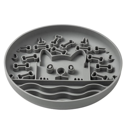 Gray puzzle toy for pets with bone-shaped pieces on a white background