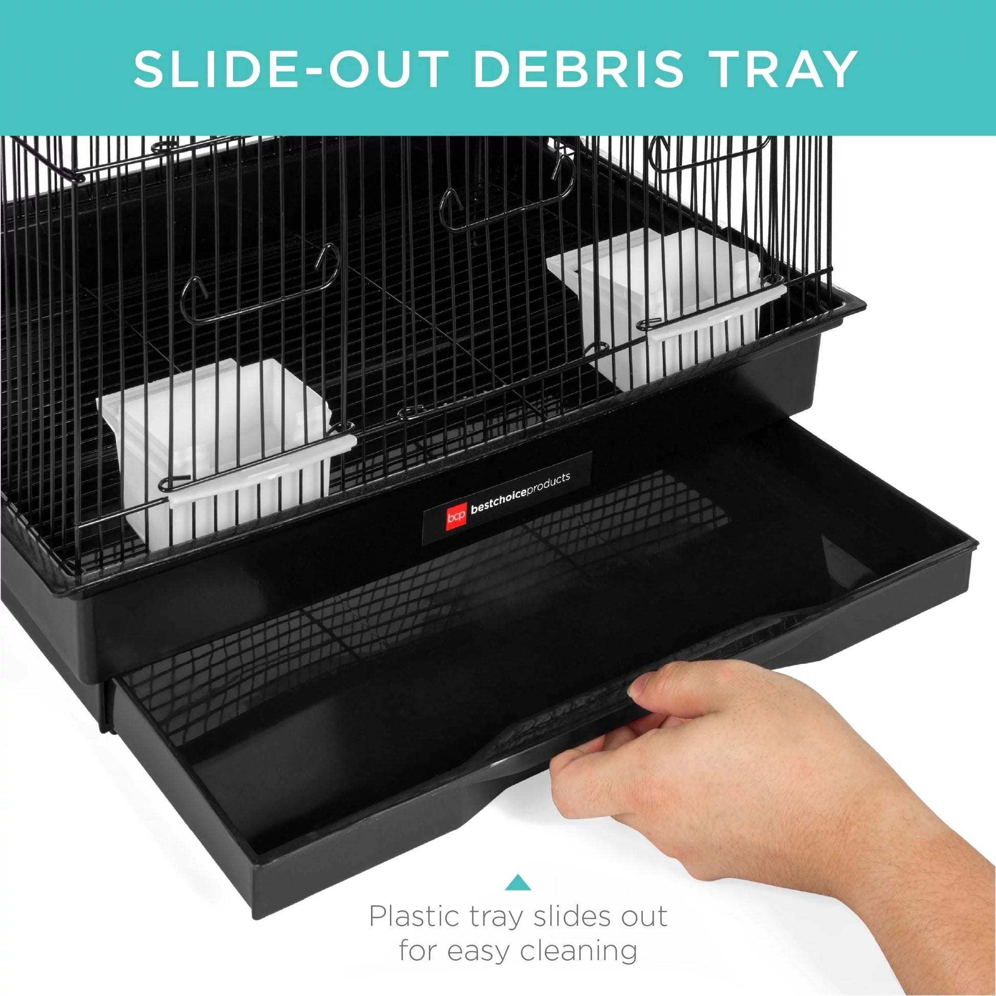 Black pet cage with slide-out debris tray being pulled out by a hand, featuring the brand 'BestPet'.