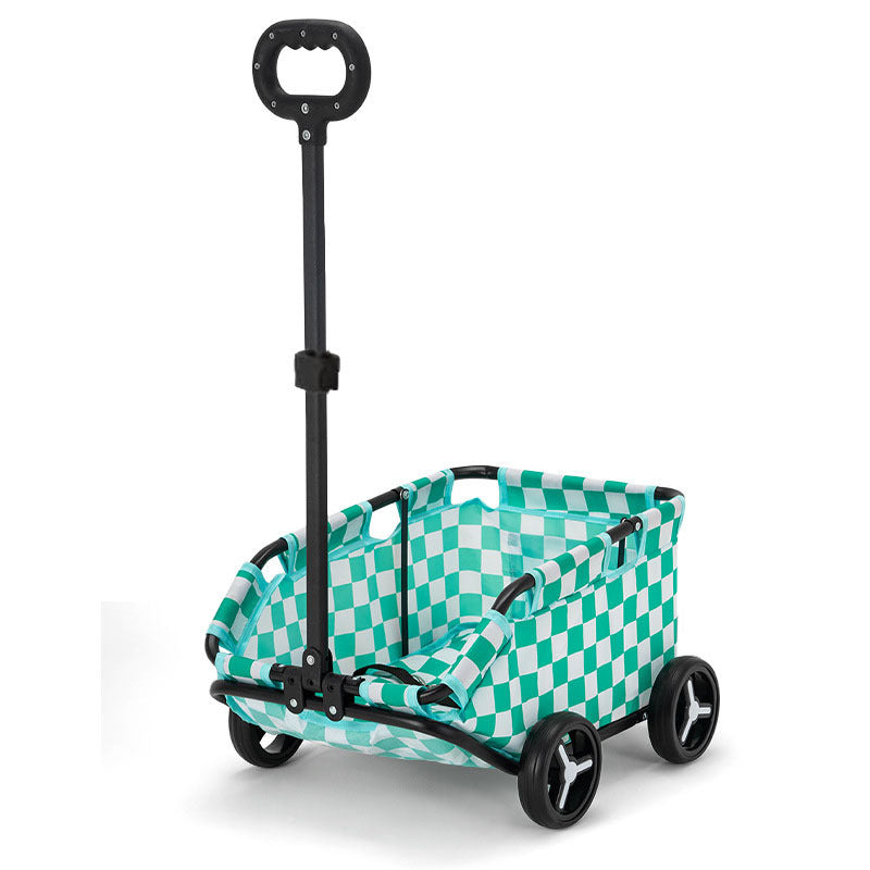 Green and white checkered wagon with black handle on a white background