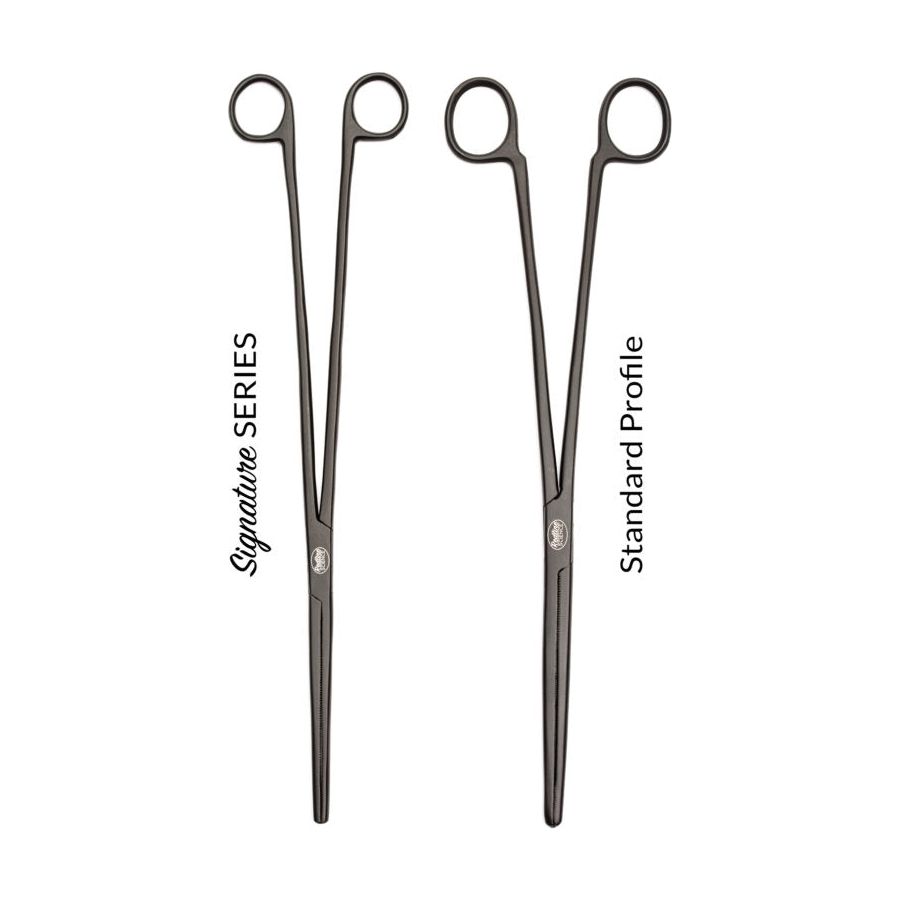 Two pairs of shears labeled 'Signature Series' and 'Standard Profile' on a white background.
