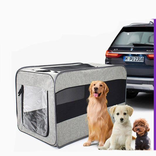 Pet carrier with dogs in front of a car