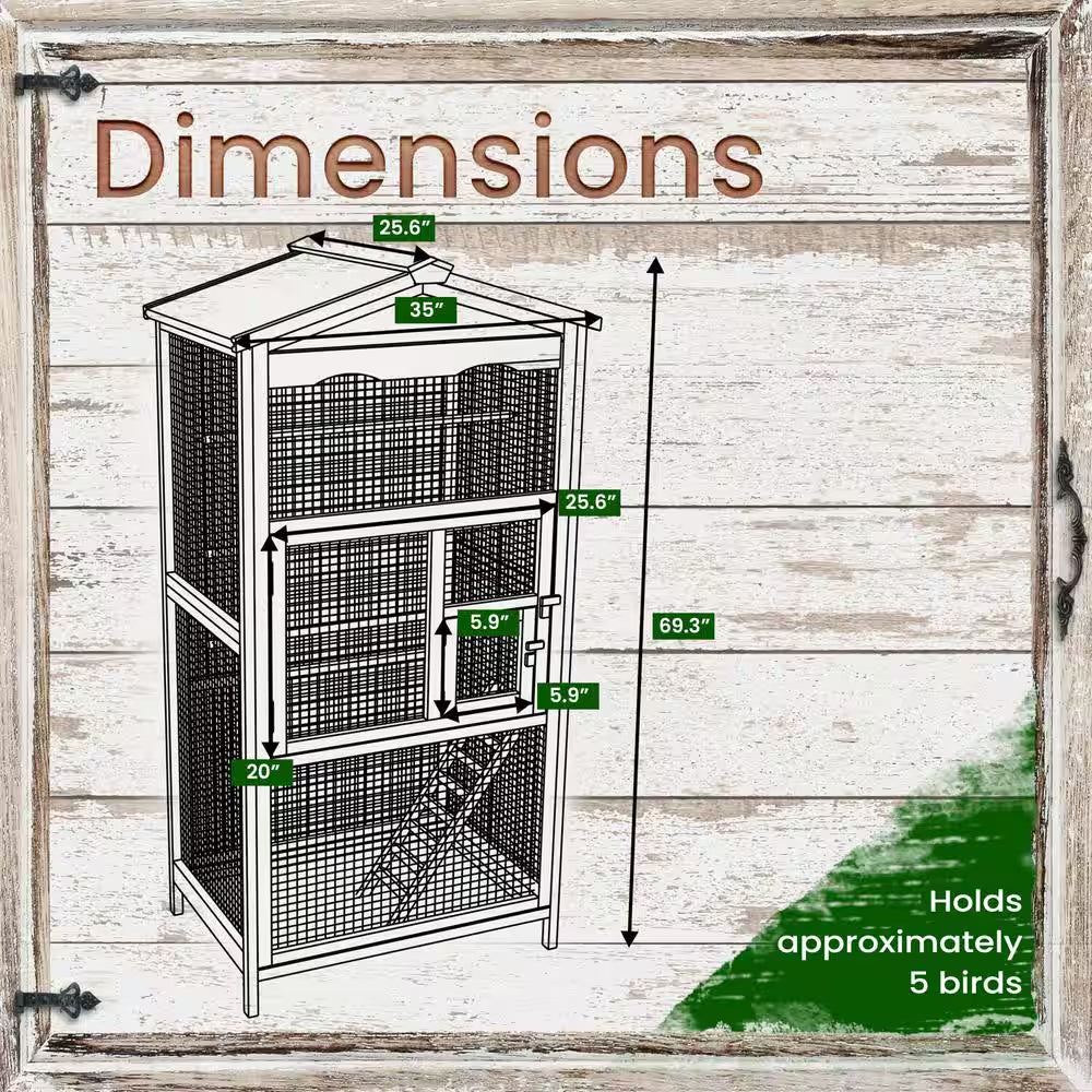 Bird cage with dimensions labeled on a wooden background