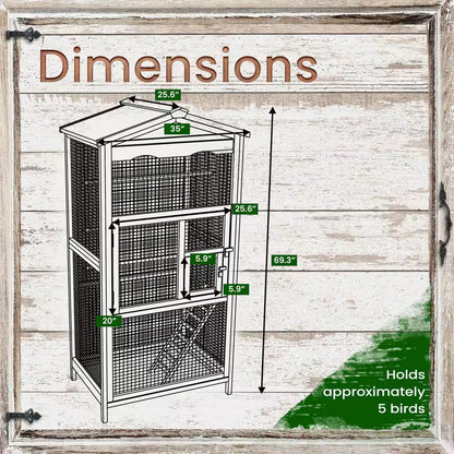 Bird cage with dimensions labeled on a wooden background