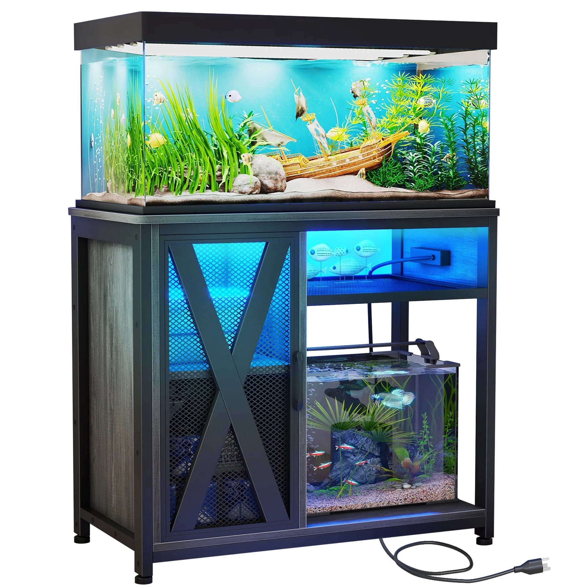 Fish tank with aquatic plants and fish, placed on a stand with additional tanks inside.