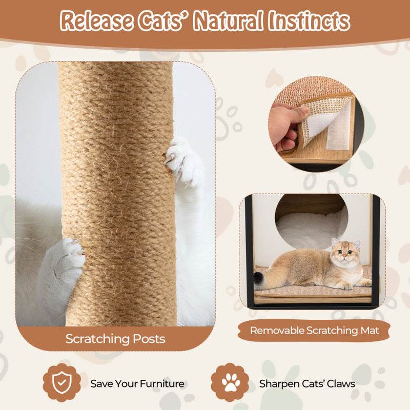 Cat product with scratching post, mat, and cat resting, featuring text 'Release Cats' Natural Instincts'.
