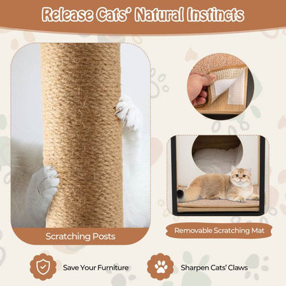 Cat product with scratching post, mat, and cat resting, featuring text 'Release Cats' Natural Instincts'.