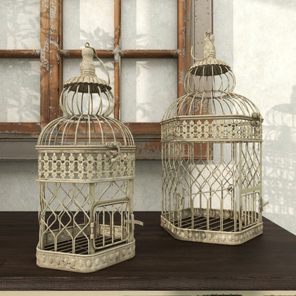 Two decorative birdcages on a wooden surface with a neutral background