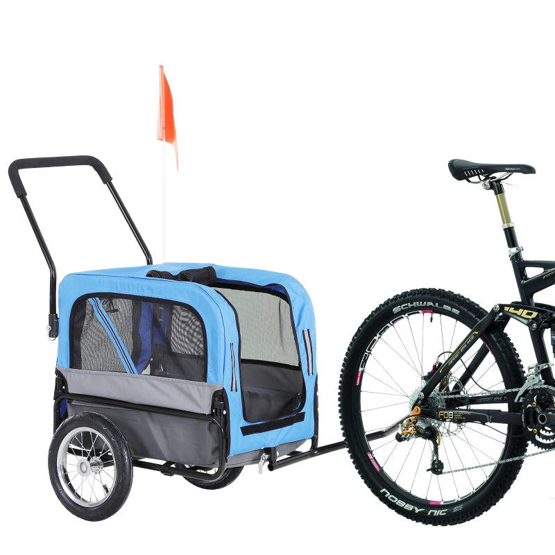 Blue bike trailer with a bicycle on a white background