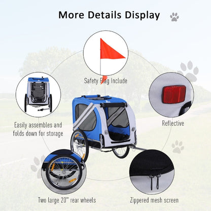 Dog bike trailer with features highlighted on a light background