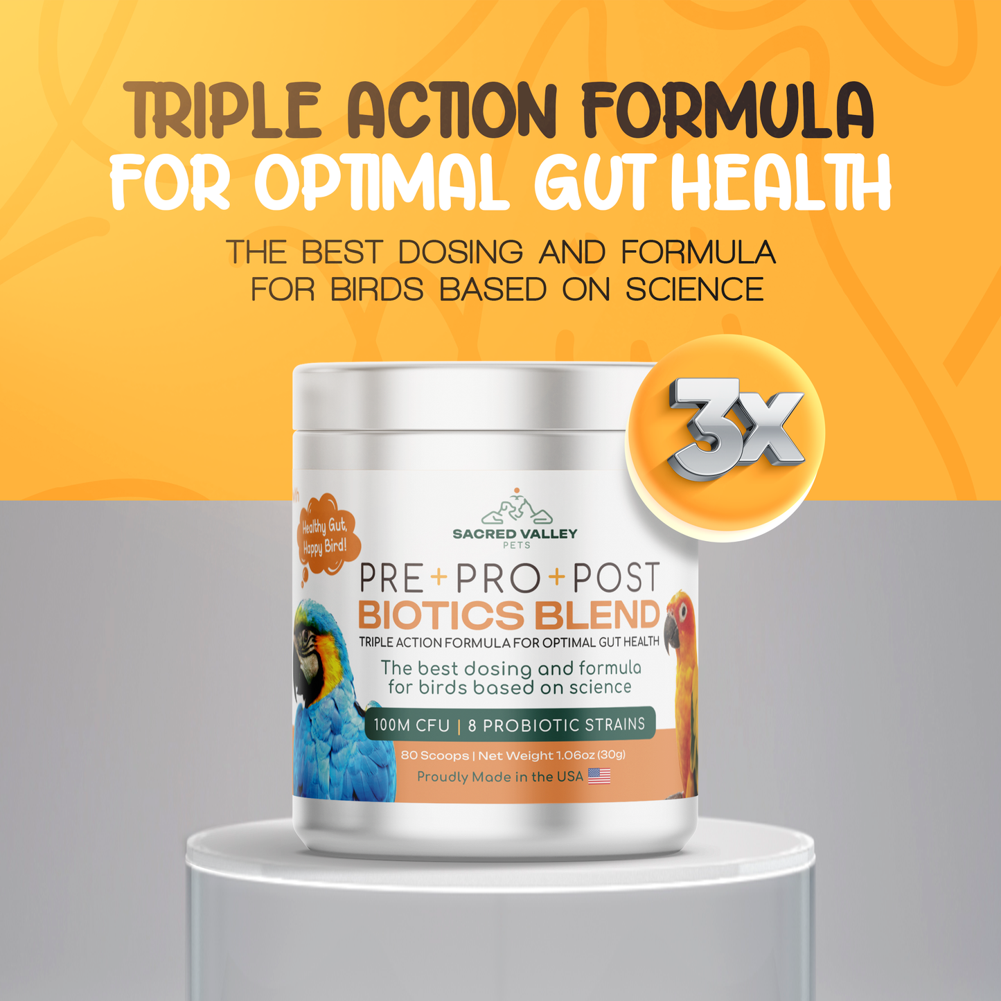 Biotics blend container for birds with 'Triple Action Formula' text on an orange and gray background