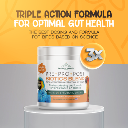 Biotics blend container for birds with 'Triple Action Formula' text on an orange and gray background