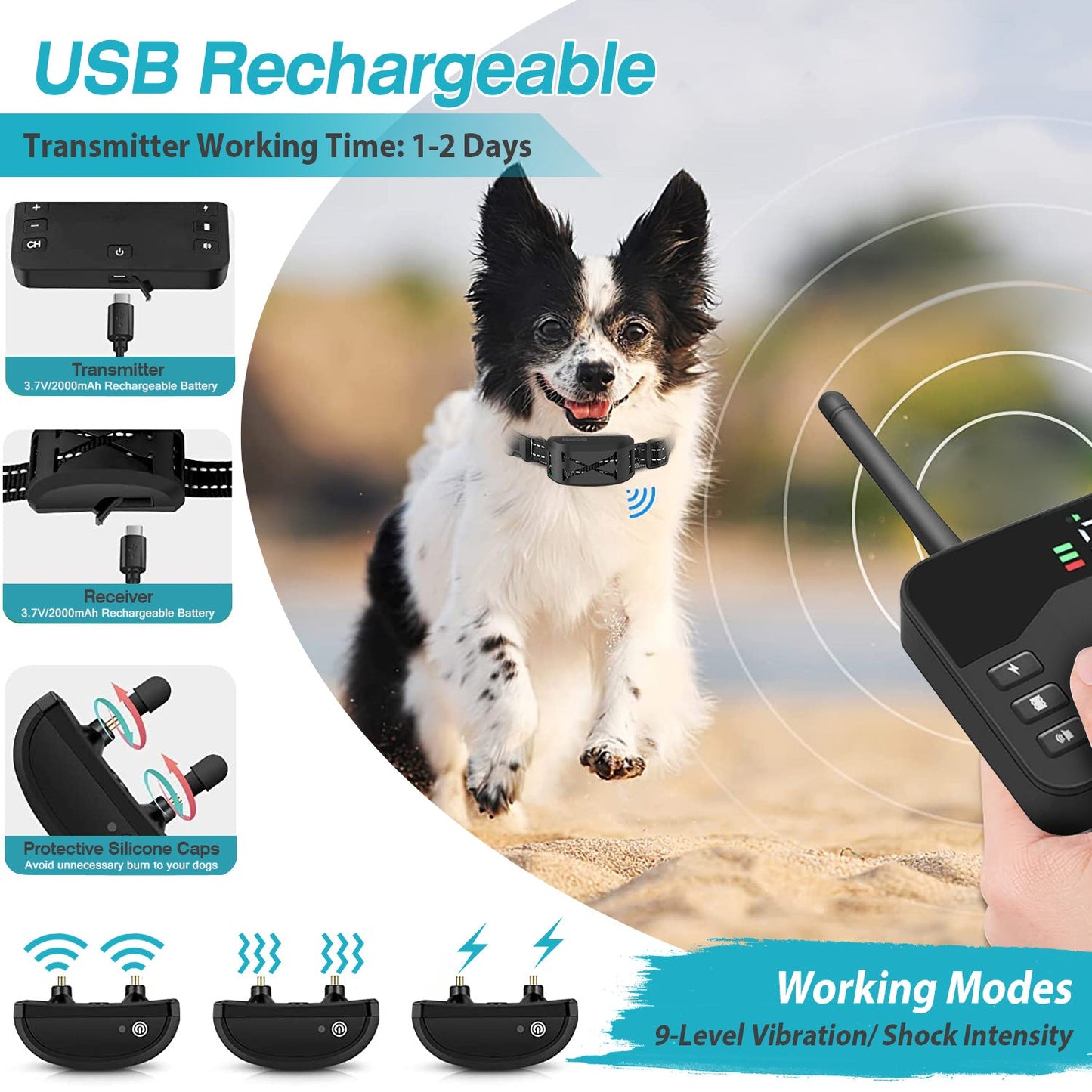 Dog training collar with USB rechargeable feature, working modes, and transmitter illustration.