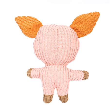 Pink plush toy with orange ears on a white background