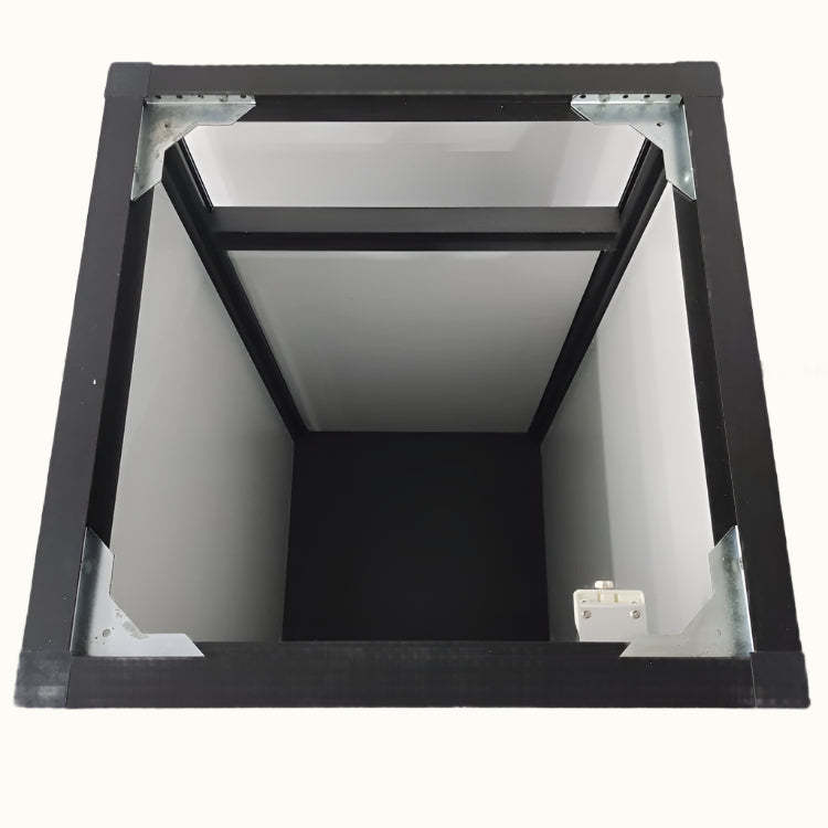 Ceiling access panel with a white interior on a white background