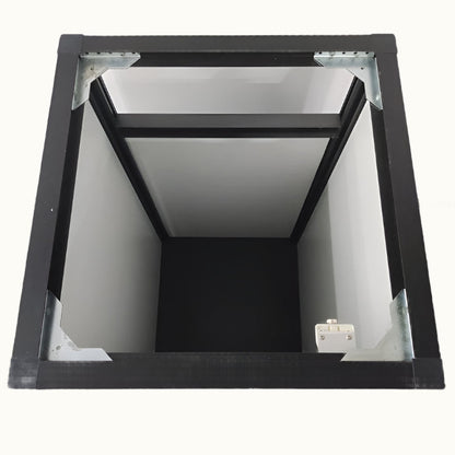 Ceiling access panel with a white interior on a white background
