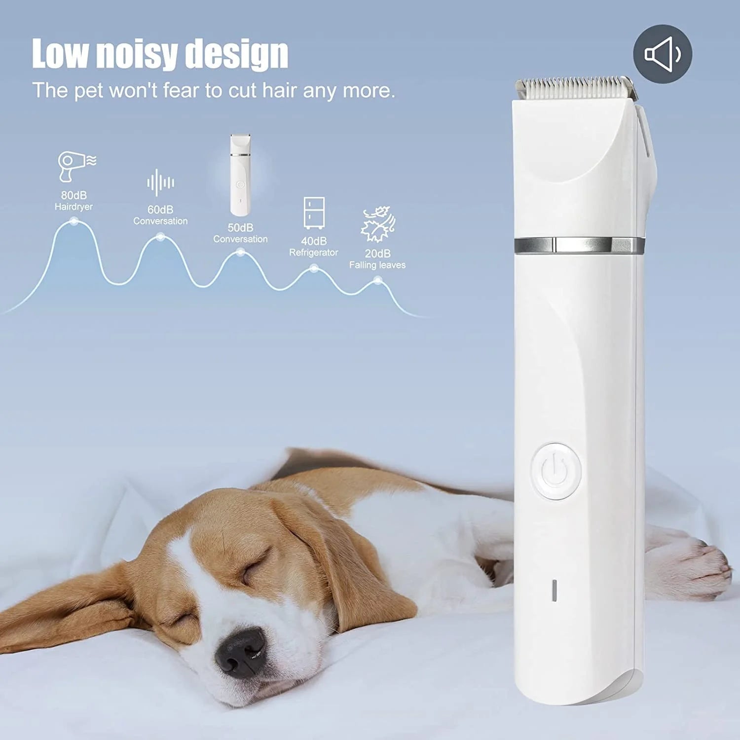 Pet grooming clipper with a dog sleeping in the background on a light blue background