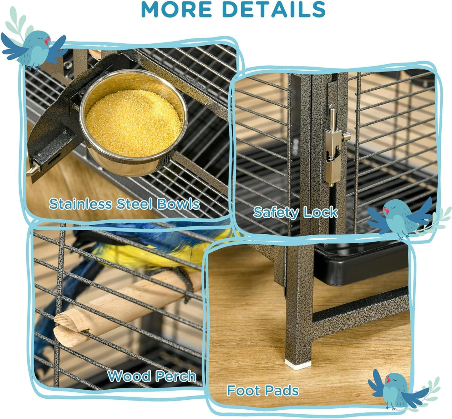 Pet cage with stainless steel bowls, safety lock, wood perch, and foot pads highlighted.