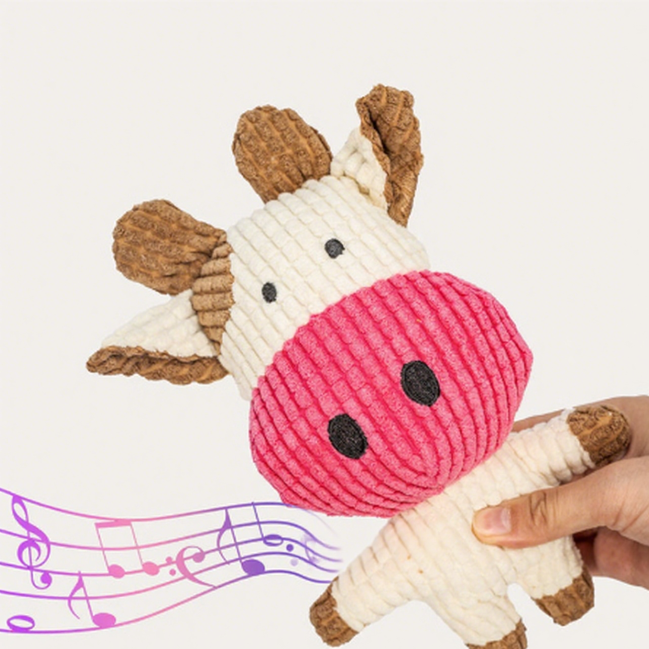 Toy cow with pink tummy held by a hand on a light background