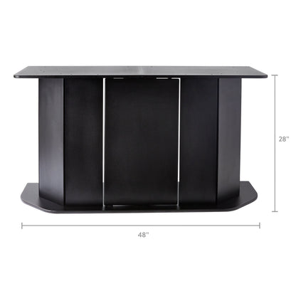 Black computer desk with dimensions on a white background